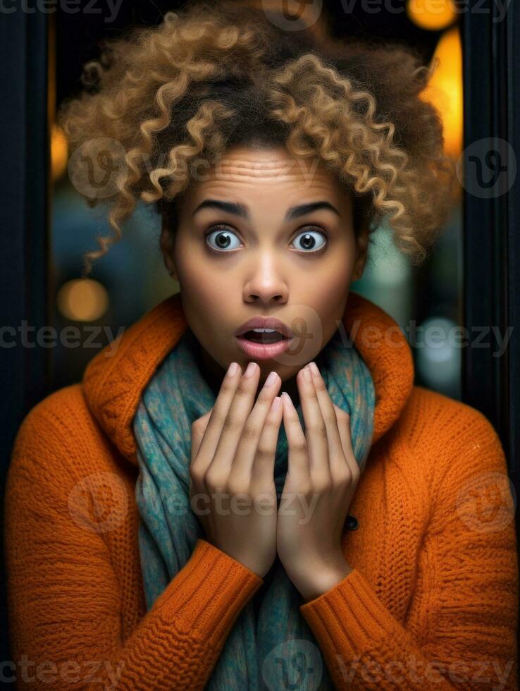 Young woman with African features who appears to be schocked AI Generative photo