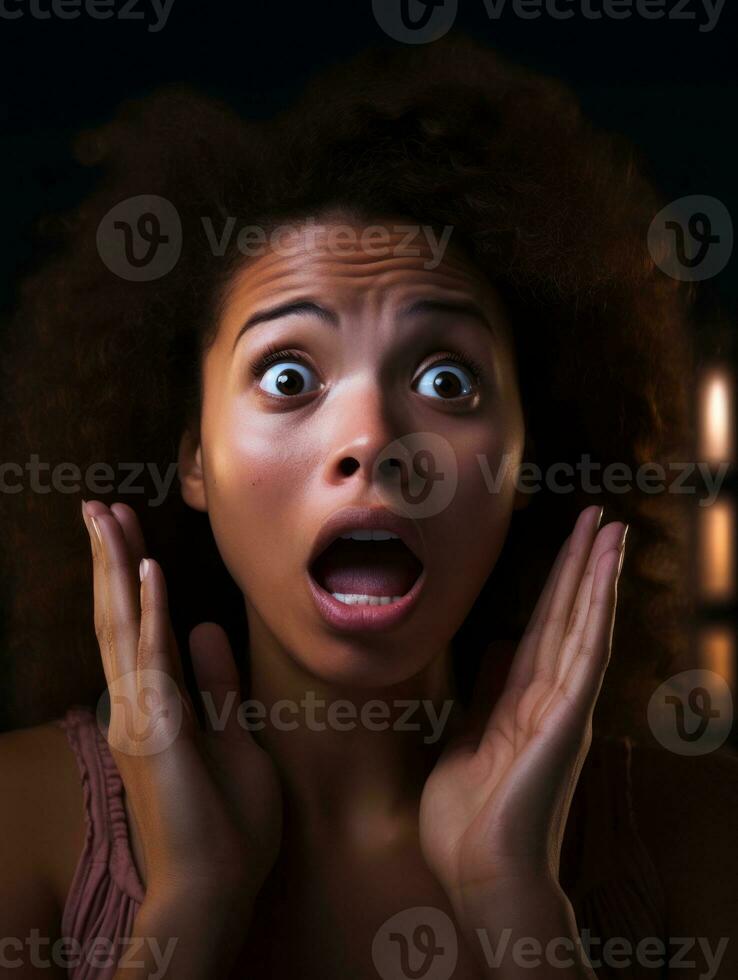 Young woman with African features who appears to be schocked AI Generative photo