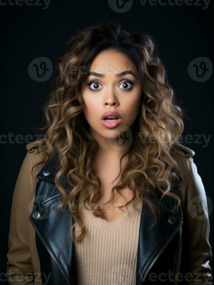 Young woman with African features who appears to be schocked AI Generative photo