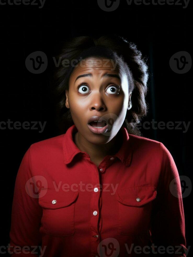 Young woman with African features who appears to be schocked AI Generative photo