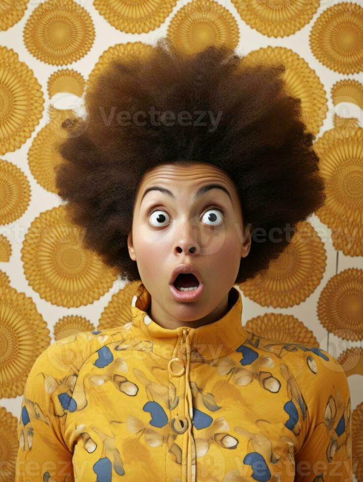 Young woman with African features who appears to be schocked AI Generative photo