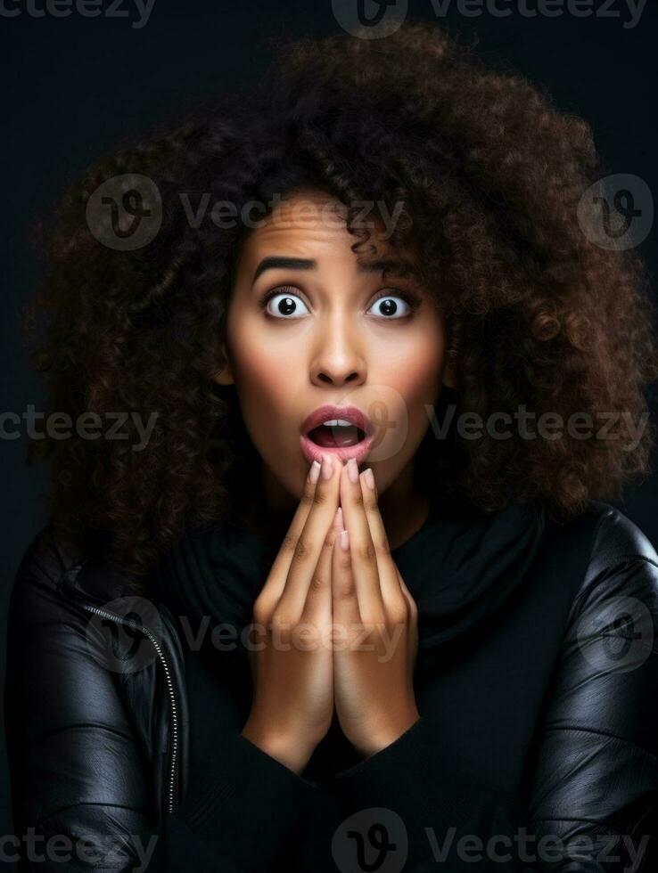 Young woman with African features who appears to be schocked AI Generative photo
