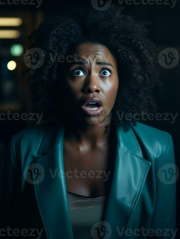 Young woman with African features who appears to be schocked AI Generative photo