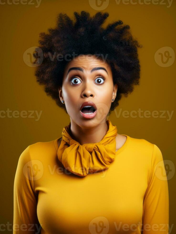 Young woman with African features who appears to be schocked AI Generative photo