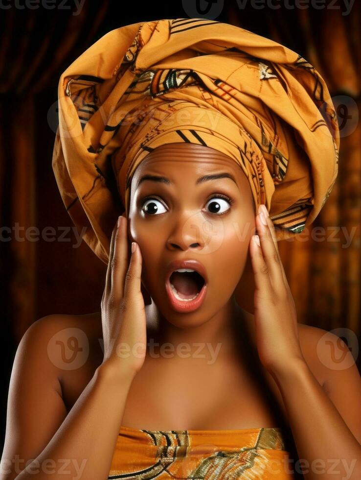 Young woman with African features who appears to be schocked AI Generative photo