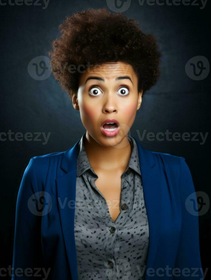 Young woman with African features who appears to be schocked AI Generative photo