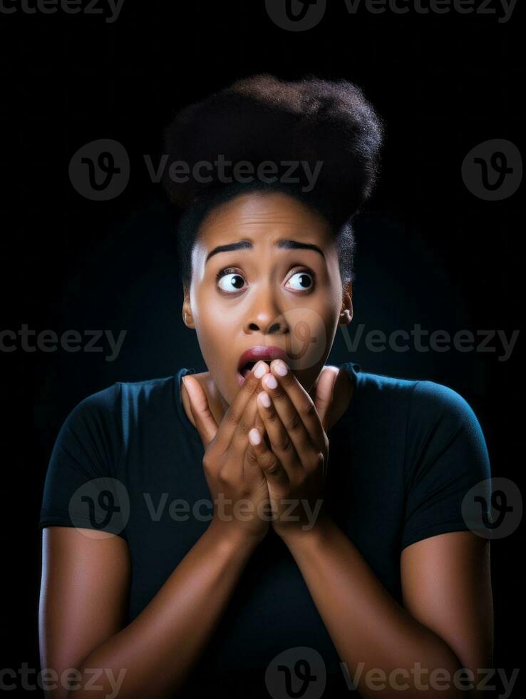 Young woman with African features who appears to be schocked AI Generative photo