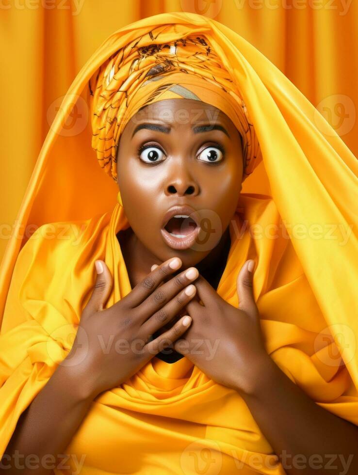 Young woman with African features who appears to be schocked AI Generative photo
