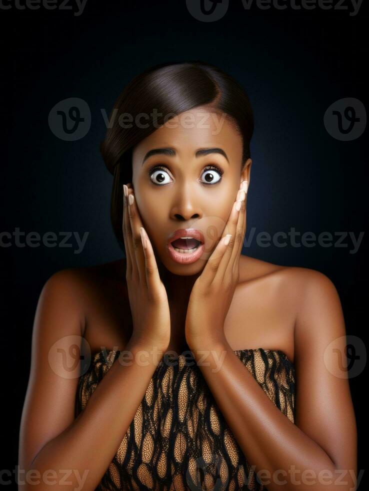 Young woman with African features who appears to be schocked AI Generative photo