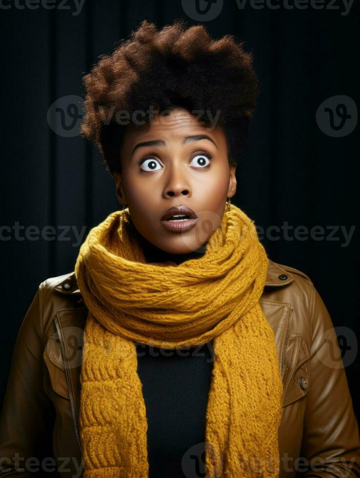 Young woman with African features who appears to be schocked AI Generative photo