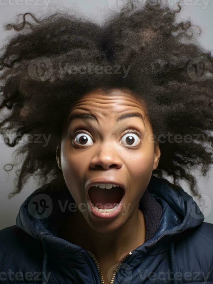 Young woman with African features who appears to be schocked AI Generative photo
