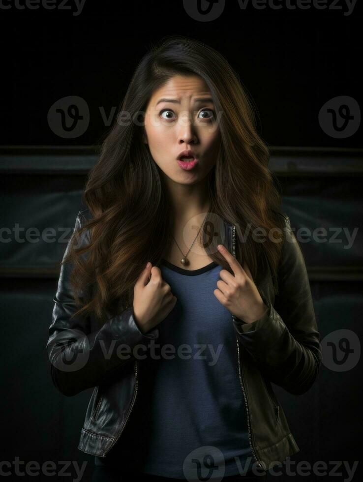 Young woman with Asian features who appears to be schocked AI Generative photo
