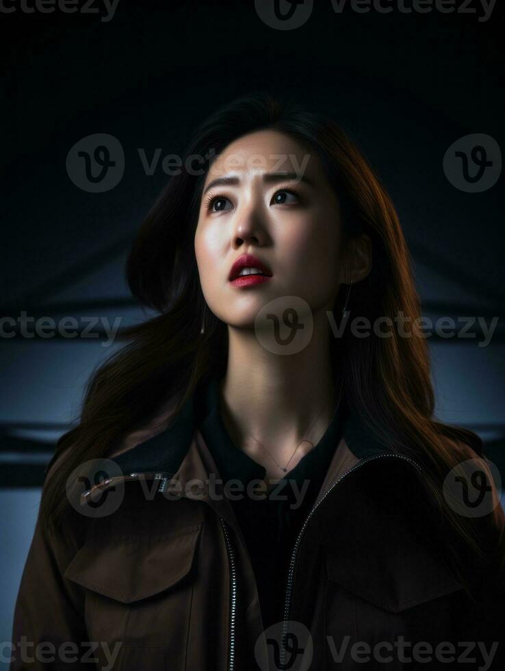 Young woman with Asian features who appears to be schocked AI Generative photo