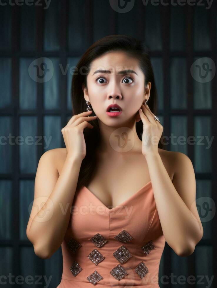 Young woman with Asian features who appears to be schocked AI Generative photo