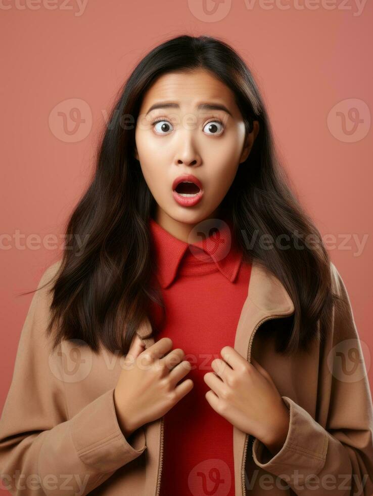Young woman with Asian features who appears to be schocked AI Generative photo