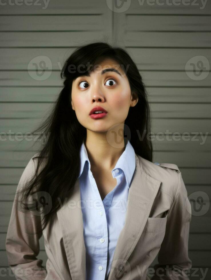 Young woman with Asian features who appears to be schocked AI Generative photo
