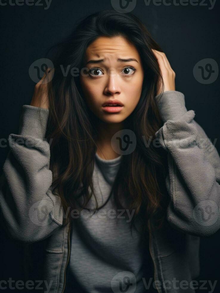 Young woman with Asian features who appears to be schocked AI Generative photo