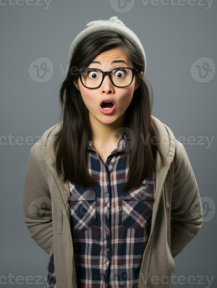 Young woman with Asian features who appears to be schocked AI Generative photo