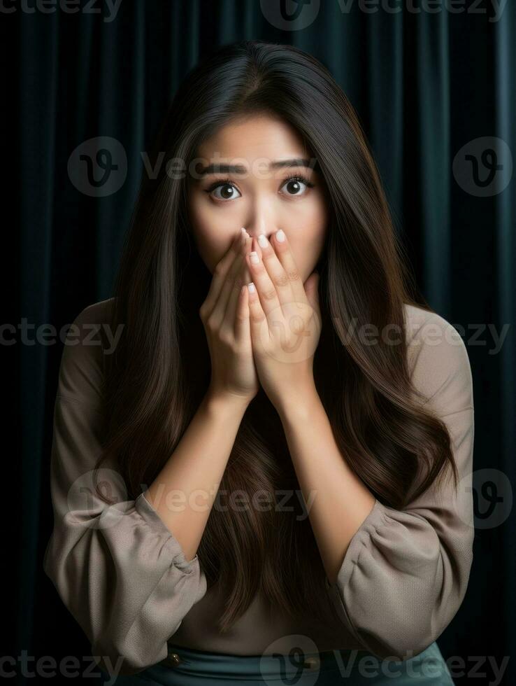 Young woman with Asian features who appears to be schocked AI Generative photo