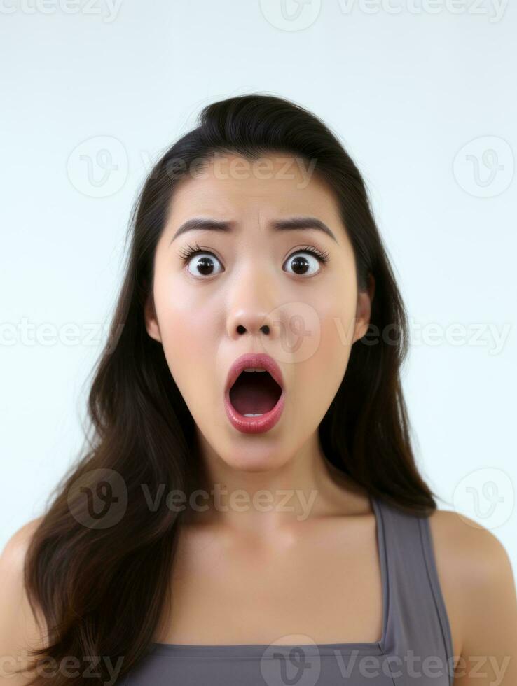 Young woman with Asian features who appears to be schocked AI Generative photo