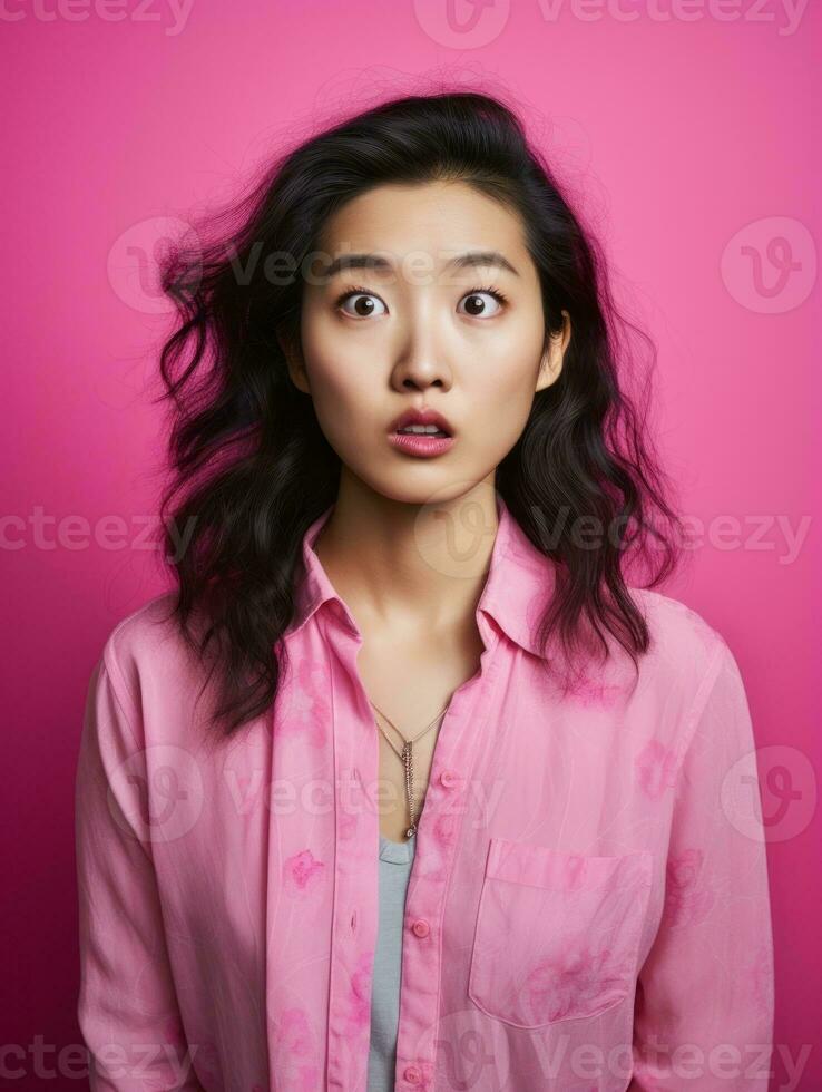 Young woman with Asian features who appears to be schocked AI Generative photo