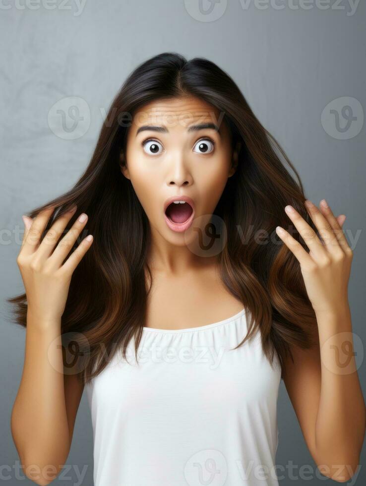 Young woman with Asian features who appears to be schocked AI Generative photo
