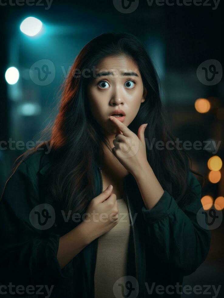 Young woman with Asian features who appears to be schocked AI Generative photo
