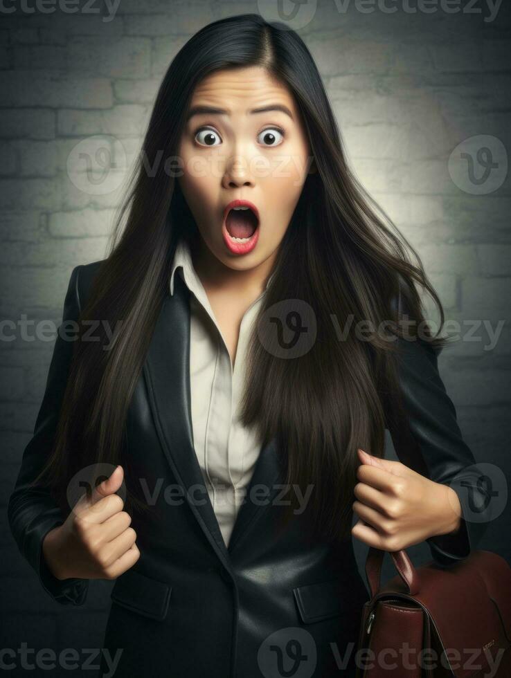 Young woman with Asian features who appears to be schocked AI Generative photo