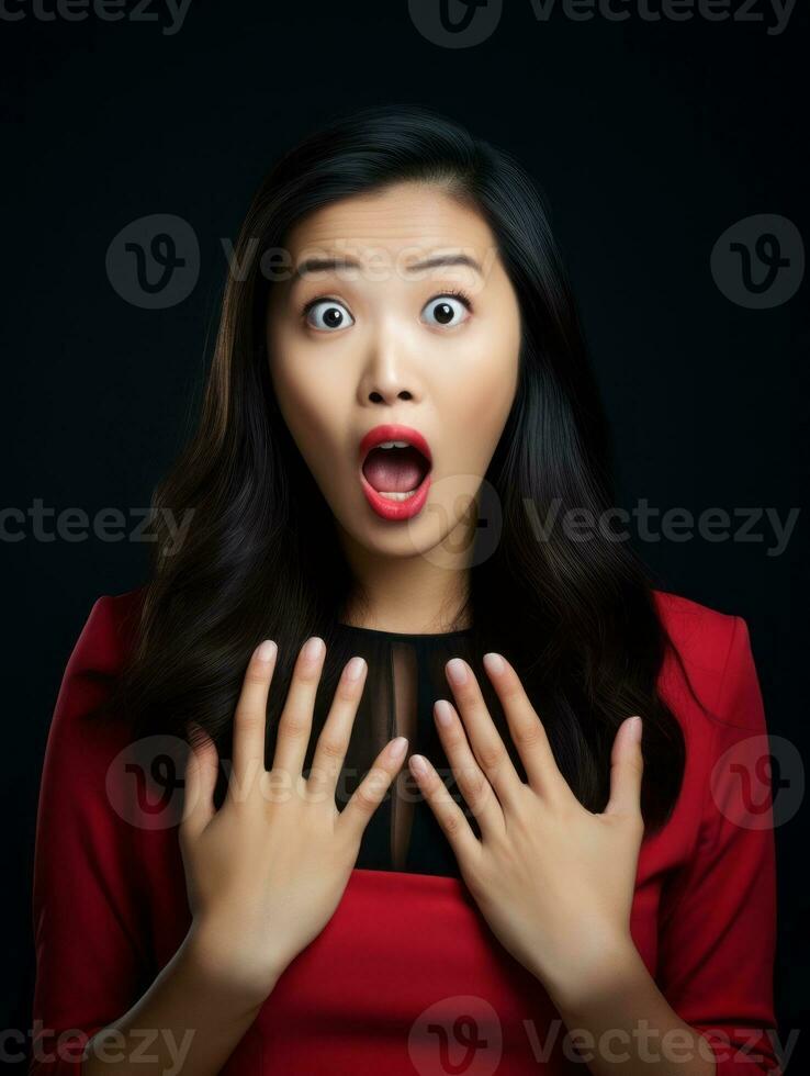 Young woman with Asian features who appears to be schocked AI Generative photo
