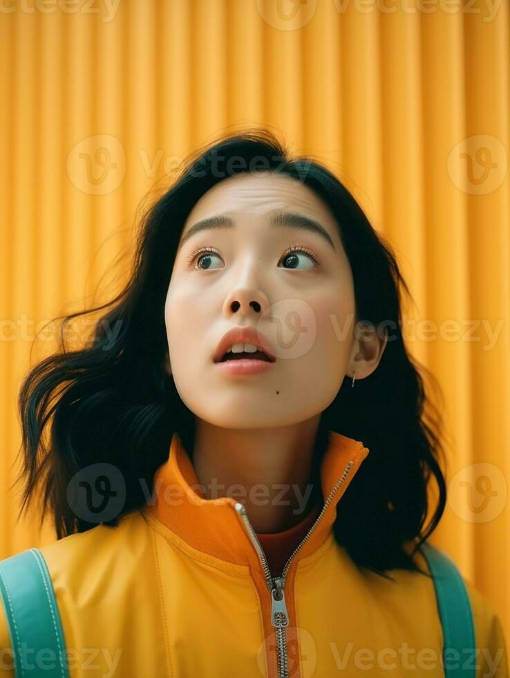 Young woman with Asian features who appears to be schocked AI Generative photo