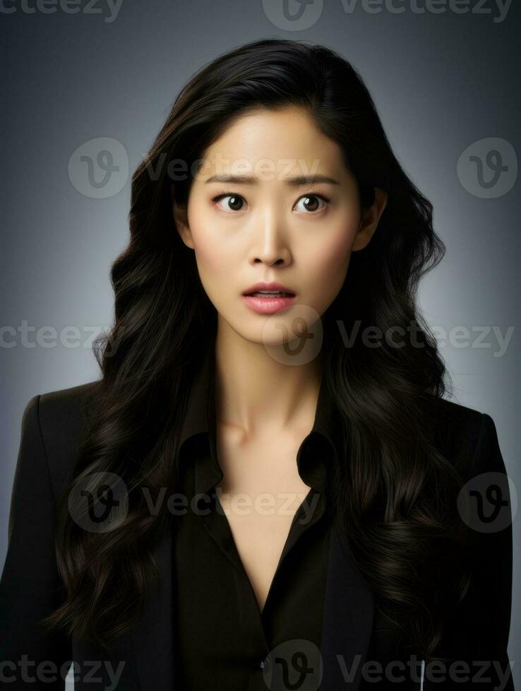 Young woman with Asian features who appears to be schocked AI Generative photo