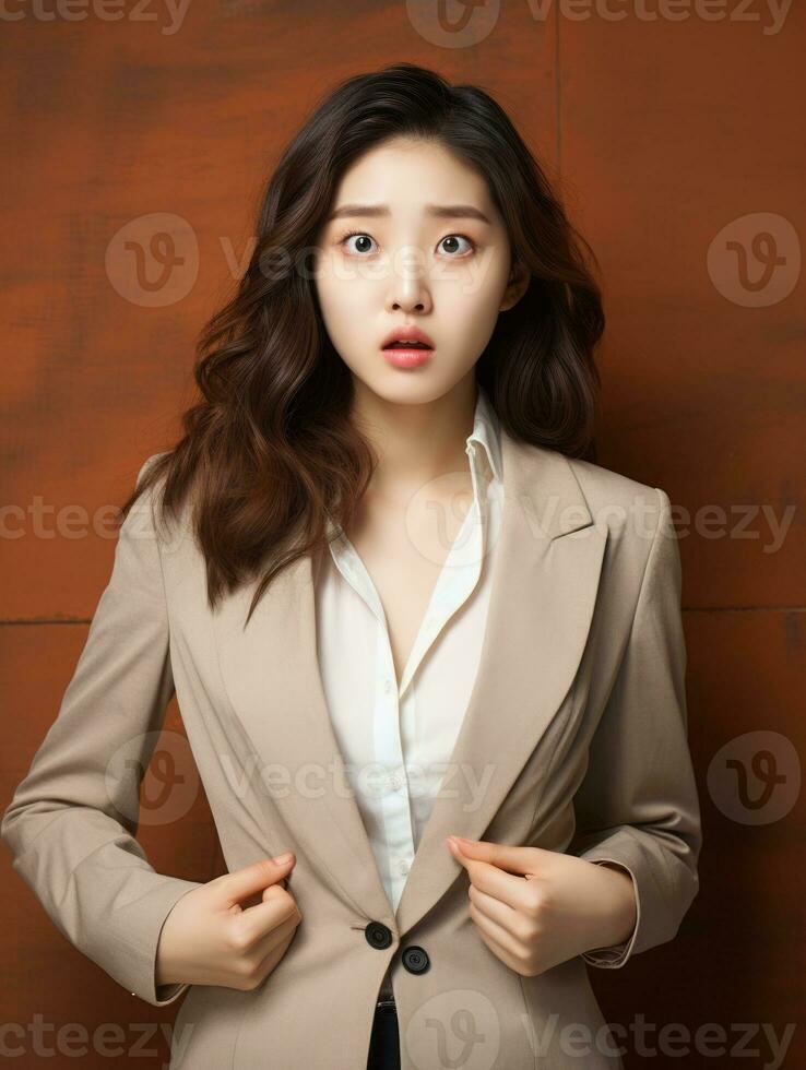 Young woman with Asian features who appears to be schocked AI Generative photo