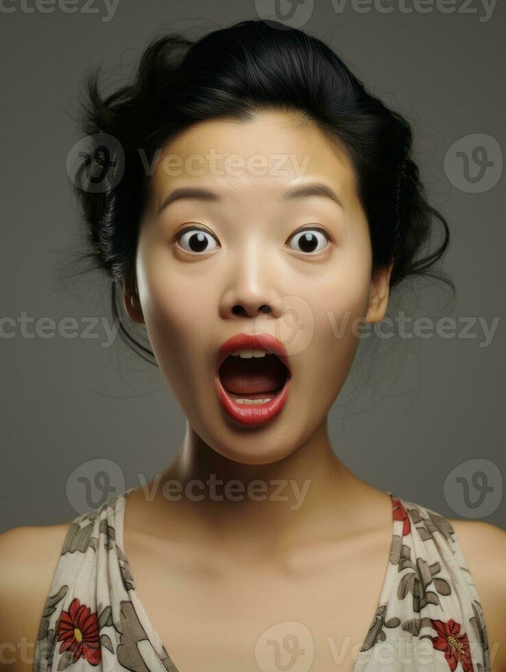 Young woman with Asian features who appears to be schocked AI Generative photo