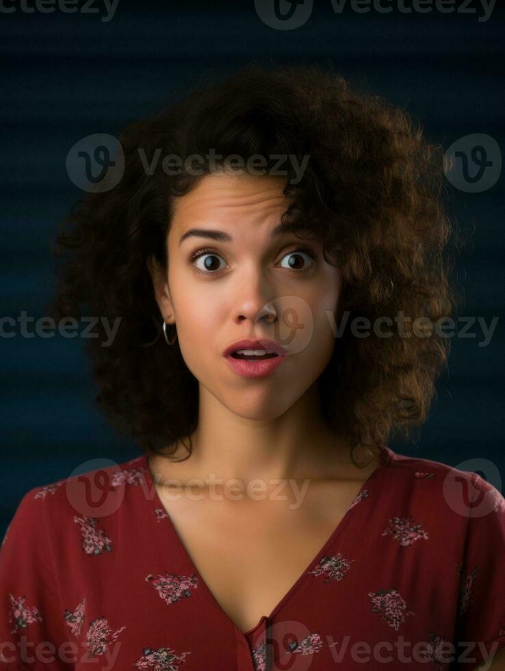 Young woman with Brazilian features who appears to be schocked AI Generative photo