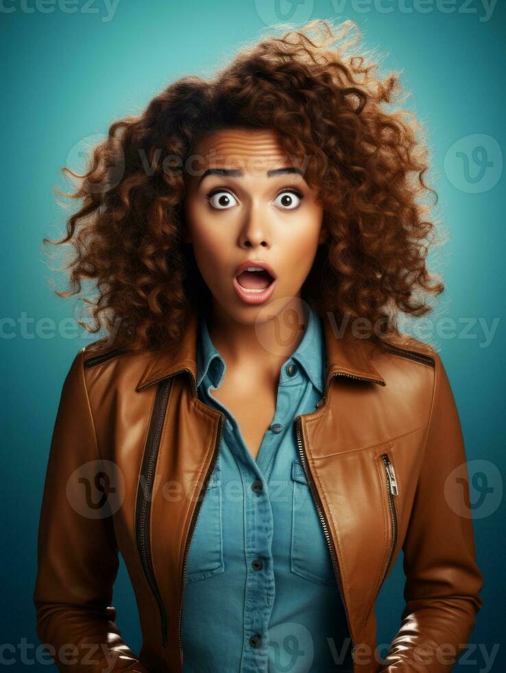 Young woman with Brazilian features who appears to be schocked AI Generative photo