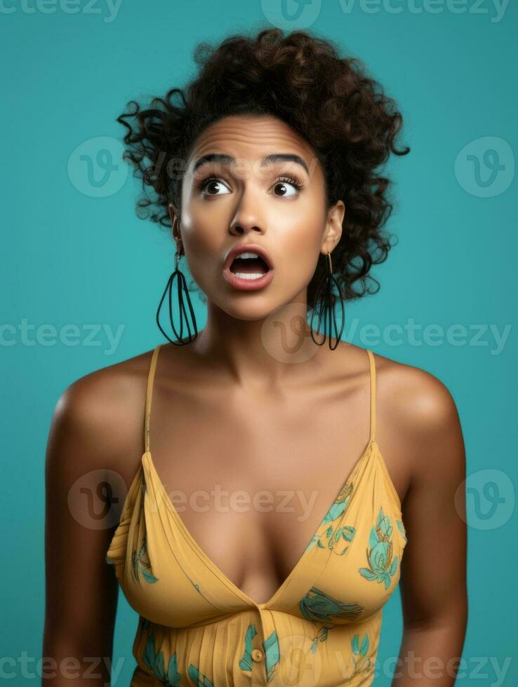 Young woman with Brazilian features who appears to be schocked AI Generative photo