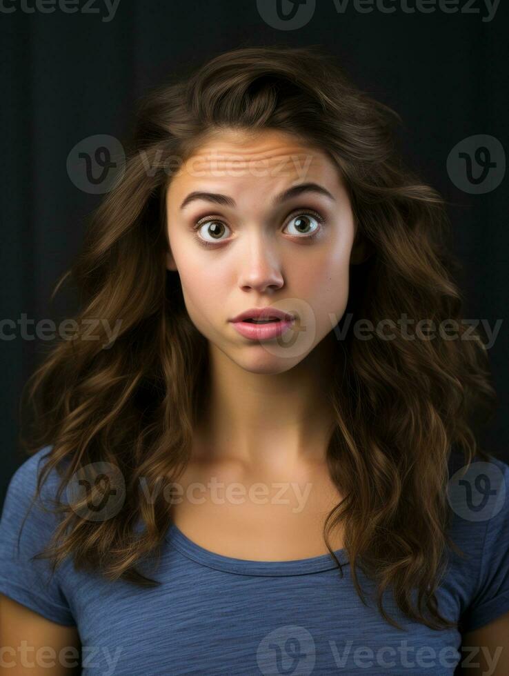 Young woman with Brazilian features who appears to be schocked AI Generative photo