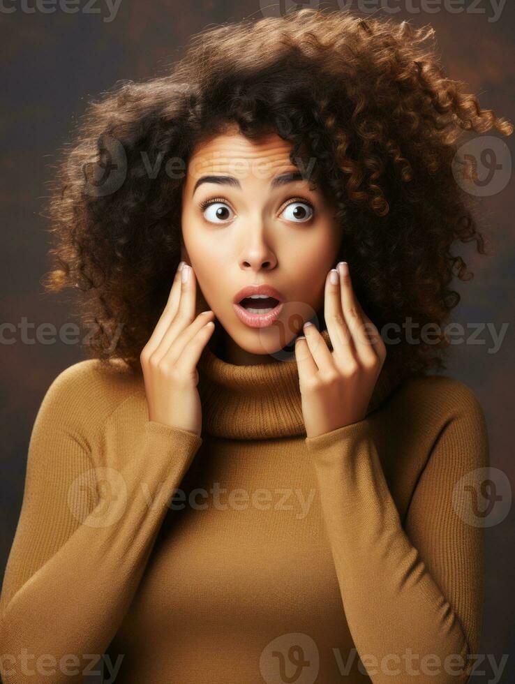 Young woman with Brazilian features who appears to be schocked AI Generative photo