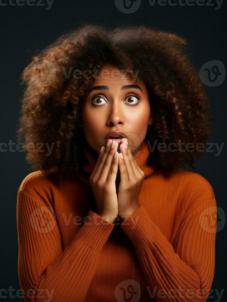 Young woman with Brazilian features who appears to be schocked AI Generative photo