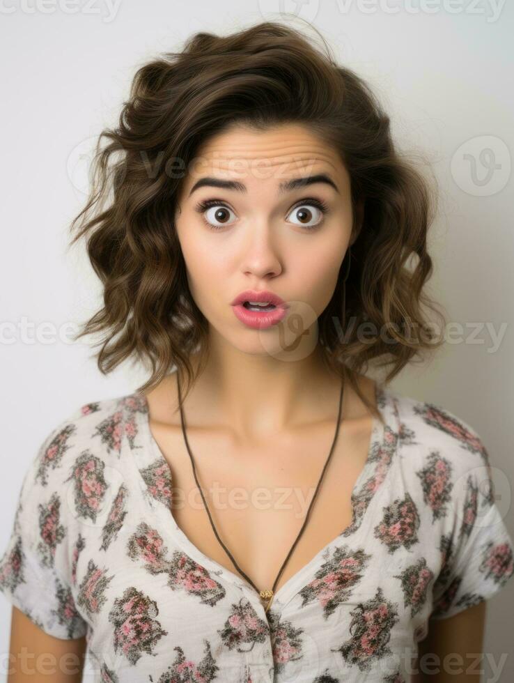 Young woman with Brazilian features who appears to be schocked AI Generative photo