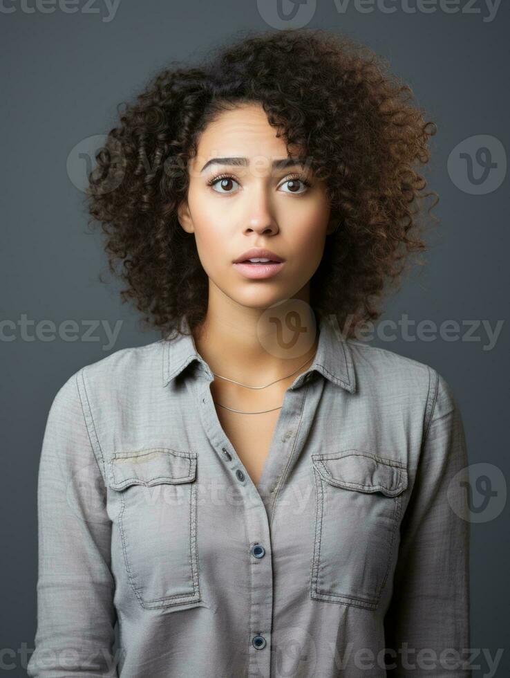 Young woman with Brazilian features who appears to be schocked AI Generative photo