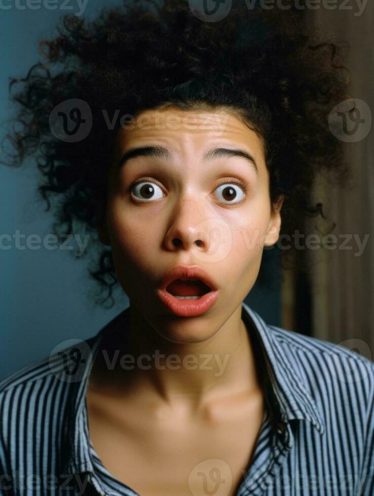 Young woman with Brazilian features who appears to be schocked AI Generative photo