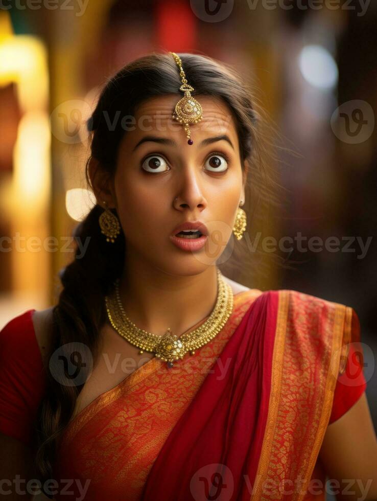 Young woman with Indian features who appears to be schocked AI Generative photo