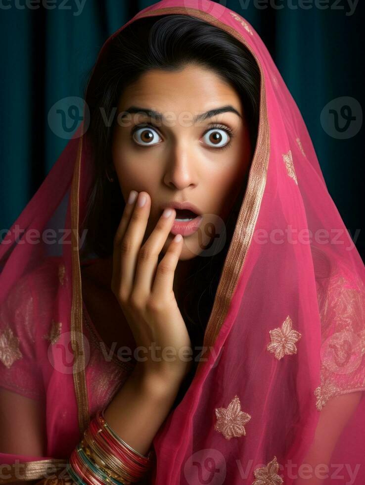 Young woman with Indian features who appears to be schocked AI Generative photo
