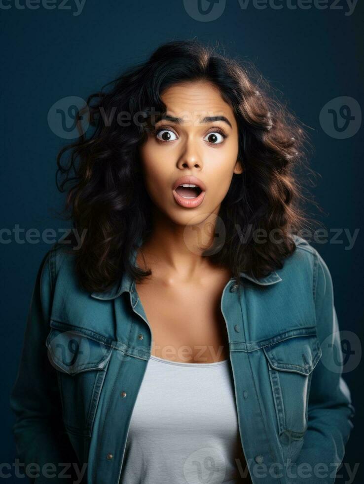 Young woman with Indian features who appears to be schocked AI Generative photo