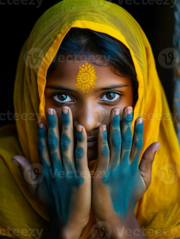 Young woman with Indian features who appears to be schocked AI Generative photo
