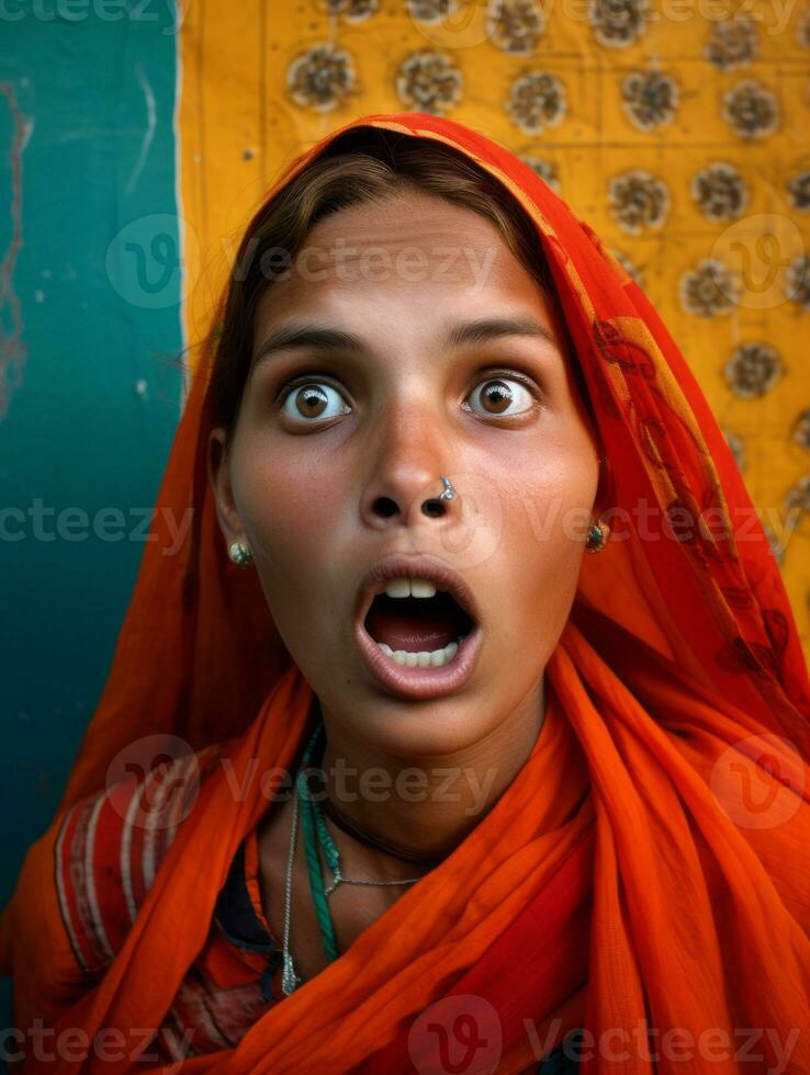 Young woman with Indian features who appears to be schocked AI Generative photo