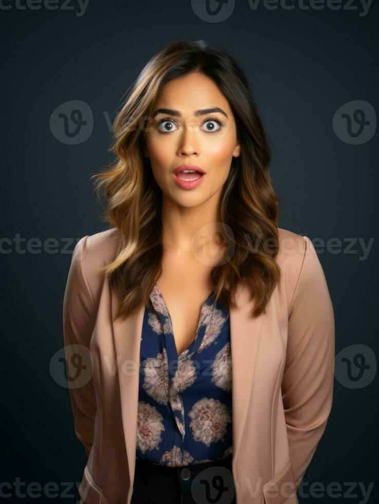 Young woman with Indian features who appears to be schocked AI Generative photo