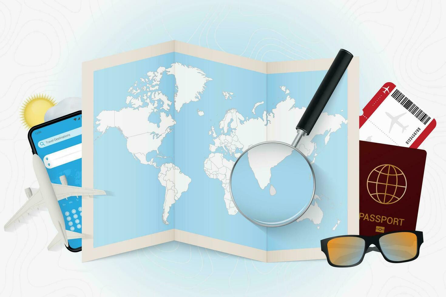 Travel destination Sri Lanka, tourism mockup with travel equipment and world map with magnifying glass on a Sri Lanka. vector