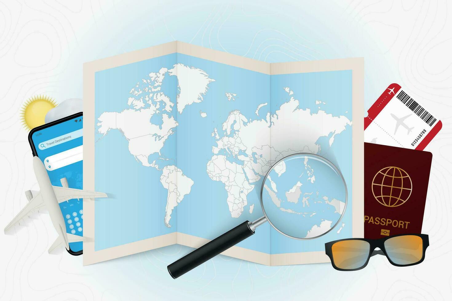 Travel destination Indonesia, tourism mockup with travel equipment and world map with magnifying glass on a Indonesia. vector